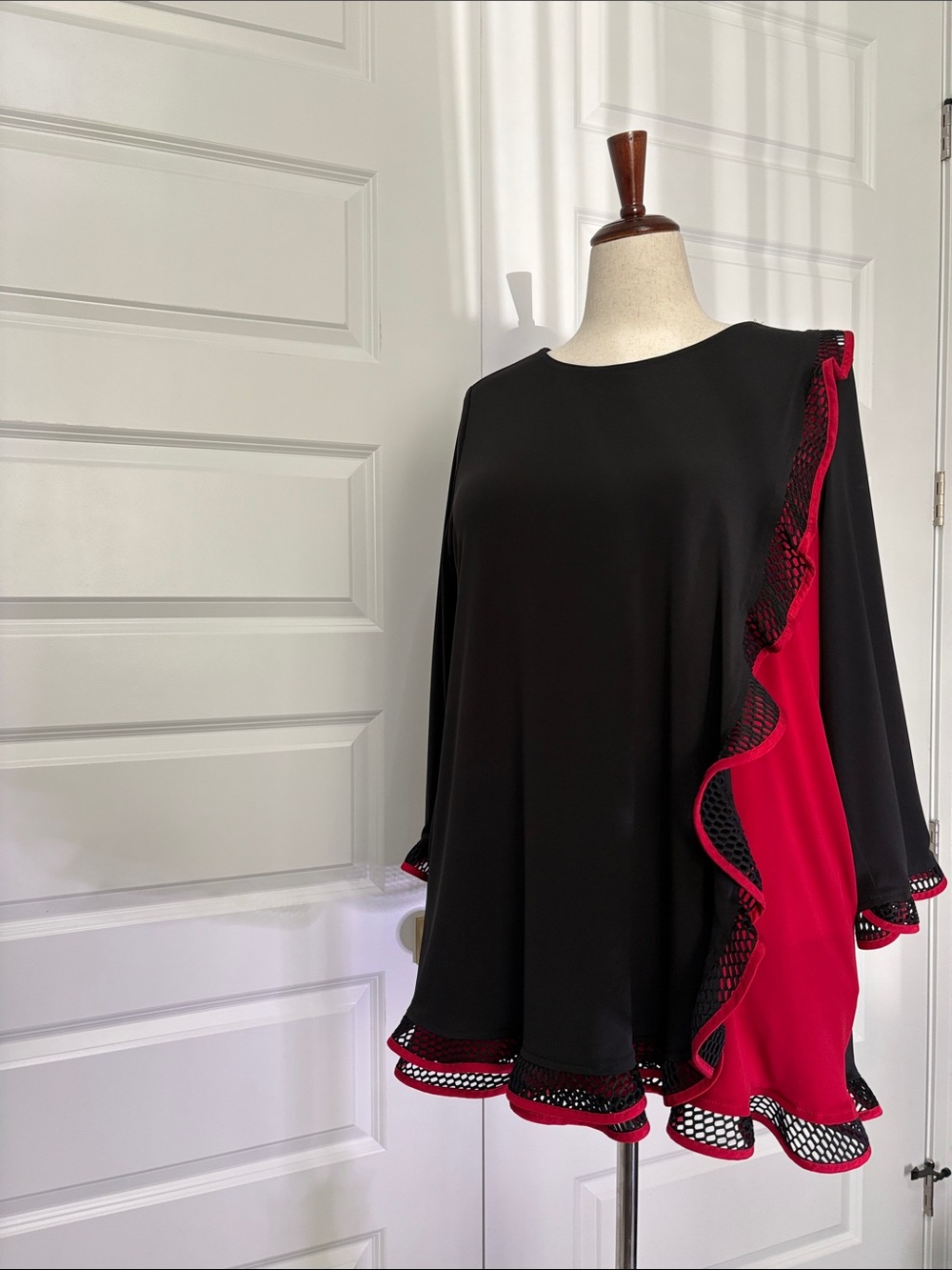 Black Blouse with Red Mesh-Trimmed Hem and Sleeves - Picture 5 of 6
